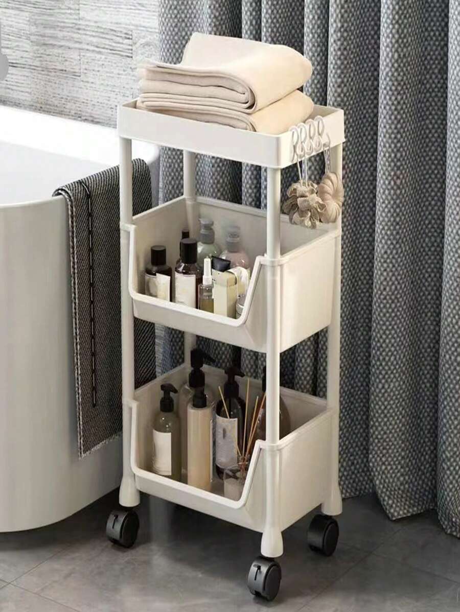 1PC Rolling Storage Cart 3-Tier Utility Cart Multi-Functional Storage Trolley With Lockable Wheels Storage Organizer For Living Room Bathroom Kitchen Office White - White - View 1