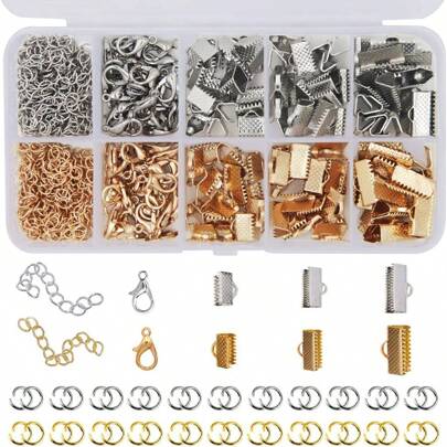 440pcs Diy Necklace & Bracelet Making Kit, Iron & Zinc Alloy Materials, Same Material, Electroplating Process, With Lobster Clasps, Cord End Caps, Alligator Clasps, Extension Chains, Tail Chains, Jump Rings, 1 Box (6 Colors Available, Different Accessories Of The Same Color May Vary)