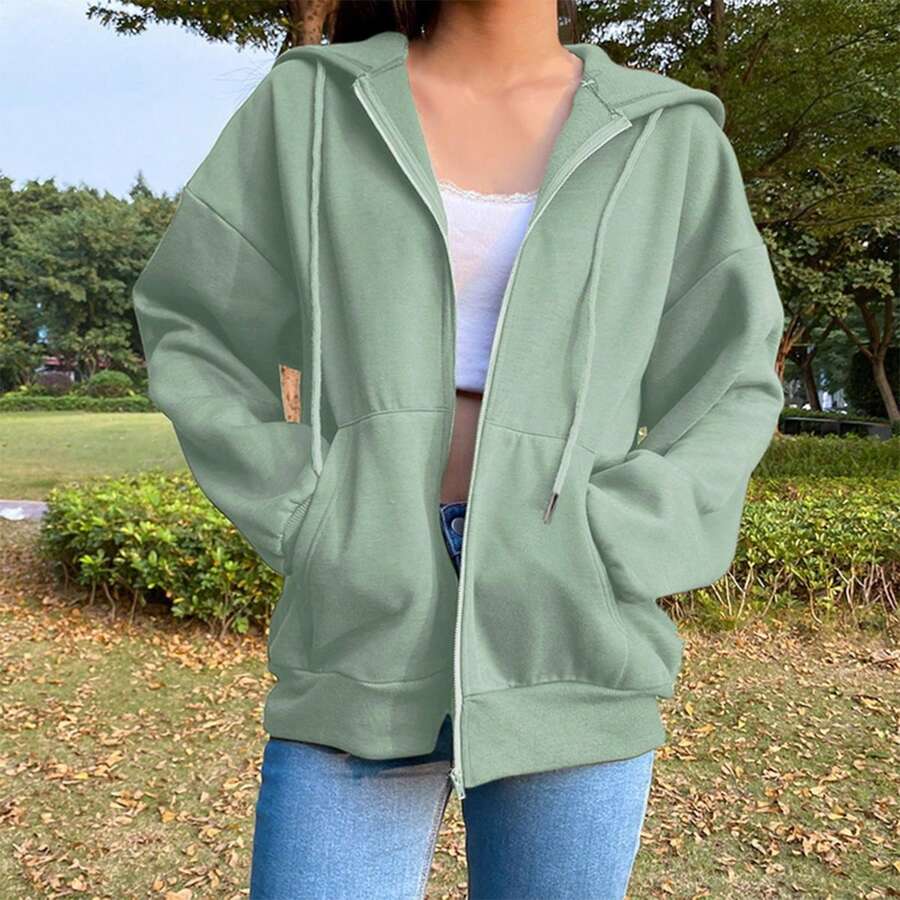 Sudaderas Dama Con Cierre Y Capucha Hoodie Mujer Básico Moda - Verde - Ver 1