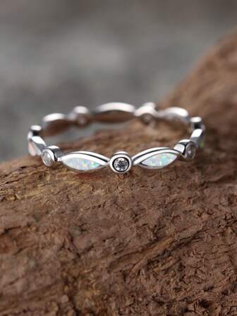 1只精緻豪華銀色馬眼形狀白色澳大利亞蛋白石和小白鑽石戒指,適用於女士婚約、婚禮禮物