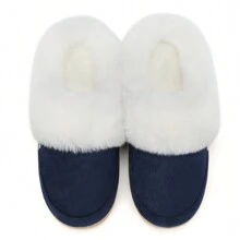 NineCiFun Men and women's home plush lining with suede upper, rubber sole slippers for warmth and comfort, thick sole indoor and outdoor slippers - 深蓝色 - 查看 7