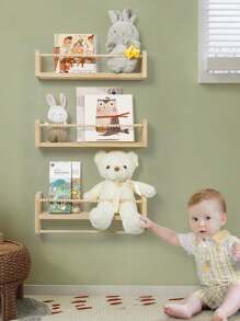 SUMGAR Wandregale in Holzoptik für Kinder, Design mit Holzperlen, Set von 3 schwebenden Wandregalen mit Holzperlen, Dekoration und Aufbewahrung für Kinderzimmer.