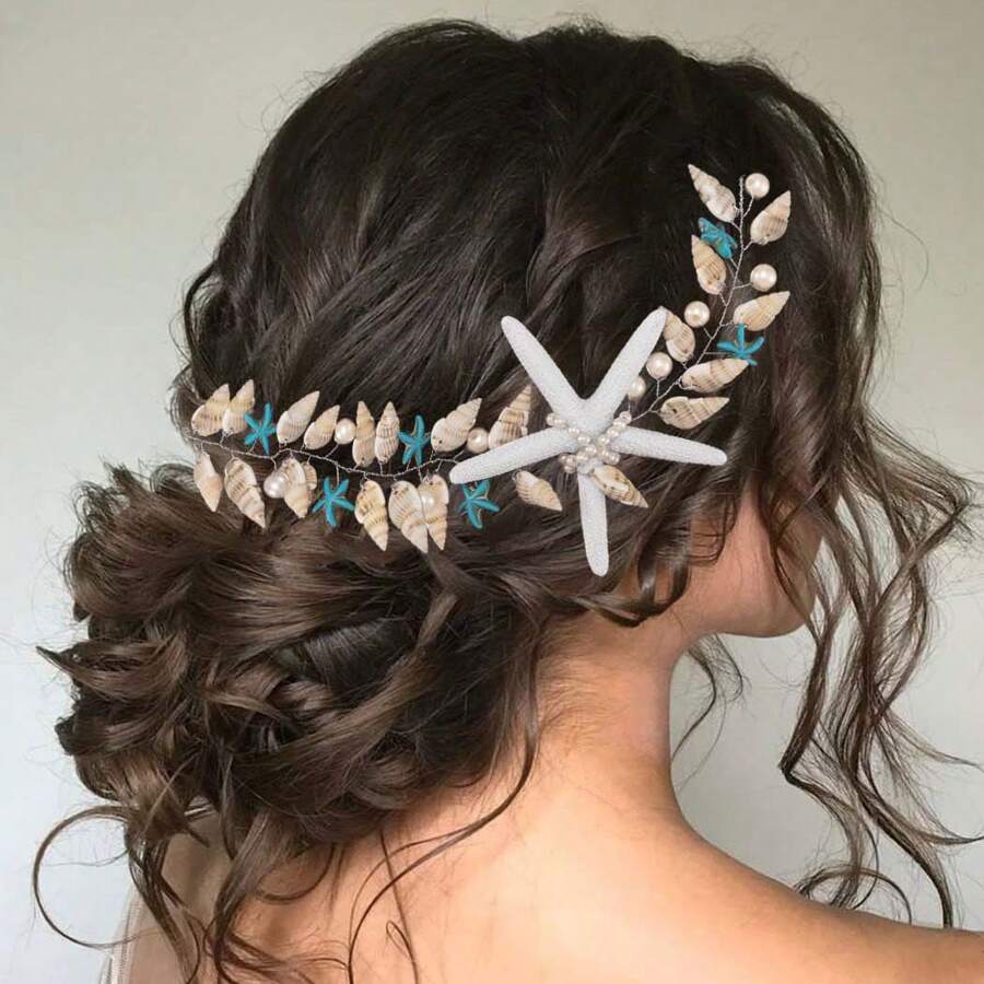 Unicra Starfish Headband SeaShell Hair Vine Pearl Beach Wedding Hair Accessories for Women and Girls - 銀色 - 查看 1