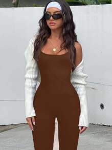 Yefecy 1件装女士纯色高弹无缝瑜伽运动连体衣 - 咖啡棕 - 查看 10