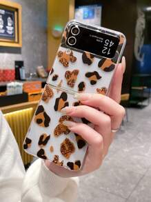 1pc Simple Transparent Brown Leopard Pattern Folding Pc Anti-Drop Phone Case Compatible With Samsung Z Flip 3/4/5 - Clear - View 3