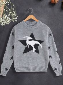 Boys' Crew Neck Comfortable And Loose Fit Knit Sweater With Star And Deer Pattern - Grey - View 1