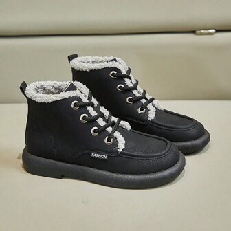 Flat Heel Thermal Lined Boots For Women, Vintage British Style Lace-Up Warm Short Boots