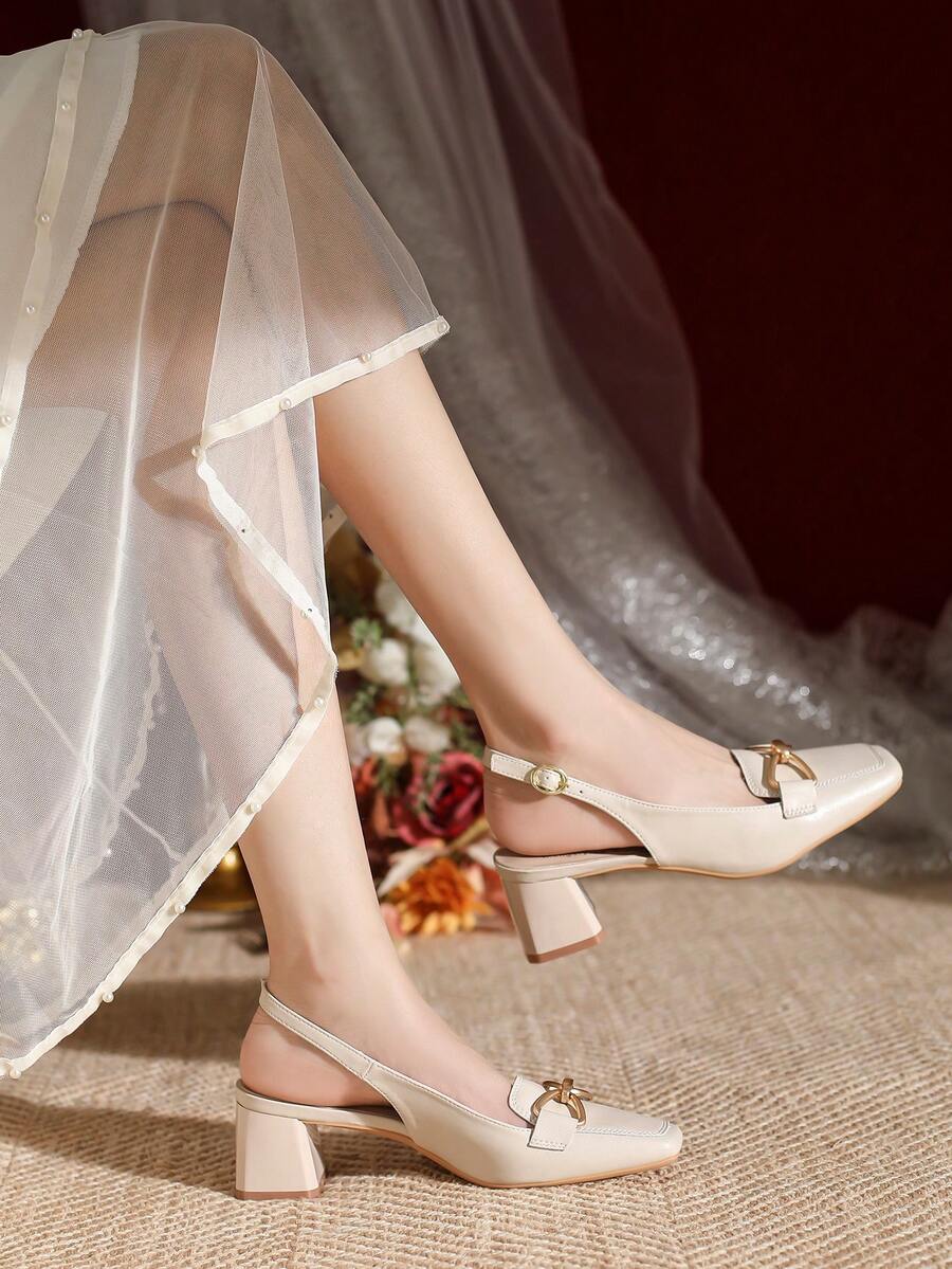 女款新款粗跟露趾涼鞋,夏季方頭扣帶粗跟鞋 - 米色 - 查看 1