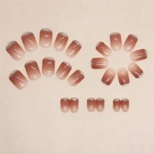 Upgrade Your Look With A 24Pcs/Set Short Square Shaped, Fashionable, Personalized, French Gradient, Metallic Pink Glitter Full Coverage Nail Art Set Perfect For Parties, Dances, And Daily Wear Press On Nails Nail Supplies Nails