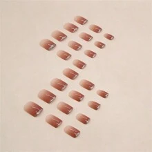 Upgrade Your Look With A 24Pcs/Set Short Square Shaped, Fashionable, Personalized, French Gradient, Metallic Pink Glitter Full Coverage Nail Art Set Perfect For Parties, Dances, And Daily Wear Press On Nails Nail Supplies Nails
