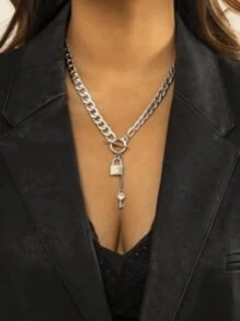 1 simple diamond studded lock shaped key necklace, versatile for women's collarbone chain - lock pendant - View 1