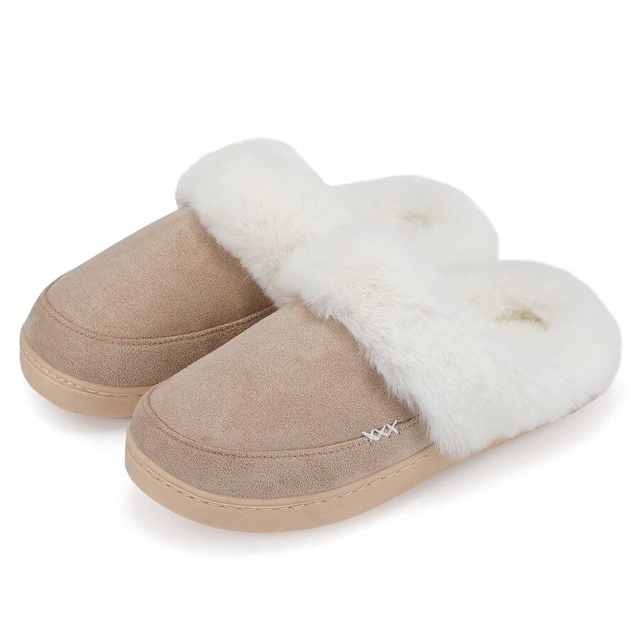 NineCiFun Men and women's home plush lining with suede upper, rubber sole slippers for warmth and comfort, thick sole indoor and outdoor slippers - 卡其色 - 查看 1