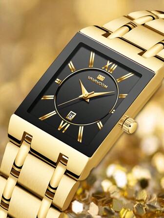 VA VA VOOM VA VA VOOM Modeklocka för män, lyxigt armband i guld i rostfritt stål, vattentät fyrkantig klocka med kalenderfunktion, affärspresent, kvartsklocka för män Lämplig för dagligt affärsbruk