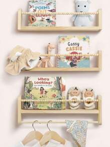 SUMGAR Wandregale in Holzoptik für Kinder, Design mit Holzperlen, Set von 3 schwebenden Wandregalen mit Holzperlen, Dekoration und Aufbewahrung für Kinderzimmer.