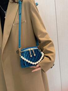 女士藍色迷你珍珠串珠手提包,拼布設計 - 寶藍色 - 查看 2