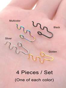 4入組蛇形式假鼻環,夾式耳罩,無需穿孔,可彎曲20g不銹鋼,0.8mm線徑,時尚女性休閒人造穿孔身體飾品