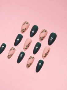 Instantly Upgrade Your Look, With 24Pcs Long Almond Two Tone With Green Solid Leaf Pattern Full Cover False Nail, For Women And Girls Press On Nails Nail Supplies Nails - Multicolor - View 2