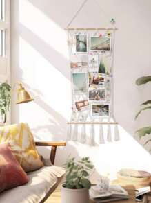 SUMGAR Makramee Wandbehang Boho Fotowand Collage mit 30 Holzklammern Gewebte Wandrahmen Modern Natur Bilderrahmen Collage Hochzeitsfeier Fotoseil Hängender Boho Deko, 42 x 100cm