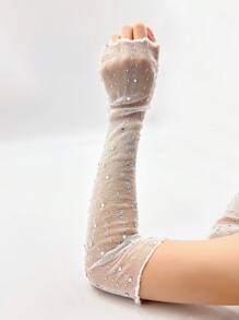 1 對 女用水鑽裝飾彈性網眼袖 - 白色 - 查看 5