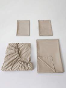 Set sábanas Matrimonial diseño liso de color sólido para cama 3000 Hilos, 4 piezas / (1 Forro,1 Sábana/ 2 Fundas) - Beis - Ver 5