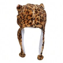 1pc Adult Animal Shaped Cartoon Hat With Ear Flaps And Pom-Pom Ball, Cute Hat With Plush Animal Design, Ideal For Kindergarten Parent-Child Cosplay And Christmas Props Leopard Print - Brown - View 6