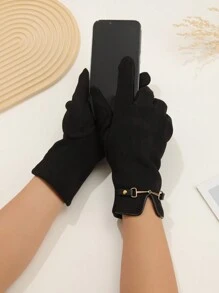 1 双女士黑色毛绒内衬时尚保暖手套，采用金属链装饰设计，适合成熟女士日常穿着，带触摸屏功能，适合春季、秋季和冬季 - 黑色 - 查看 2