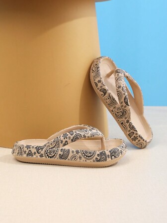 女士eva厚底花印拖鞋,軟和防滑的開口式平底拖鞋,適用於臥室和浴室,經典印花一體成型滑動平底涼鞋