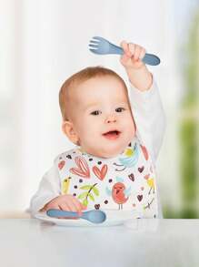 1對嬰兒矽膠柔軟尖頭勺子和叉子套裝,圓形把手,嬰兒餵食餐具 - 藍色 - 查看 2