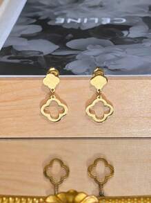 1 Pair Minimalist Polished Four Leaf Clover Hollow Stud Earrings, Stainless Steel, Suitable For Daily Wear, Gift For Women
