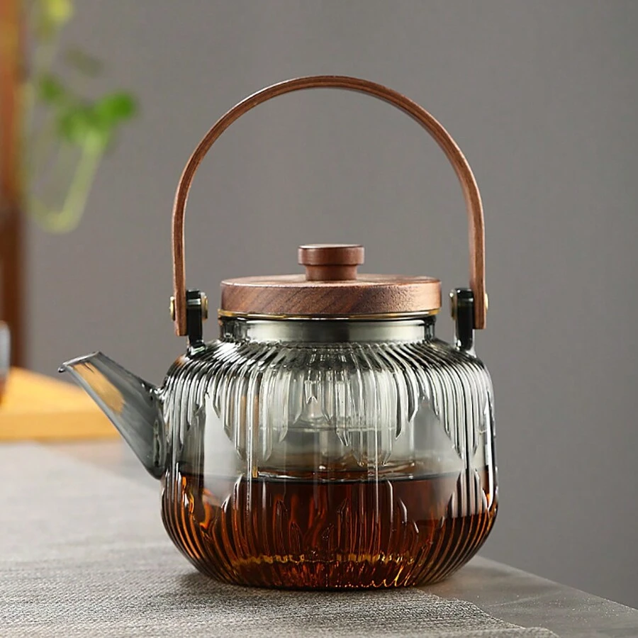 MYVIT Glass Tea Pot With Wooden Handle, Heat Resistant Glass Tea Kettle For Tea Brewing Back To School - Smoke Gray - View 1
