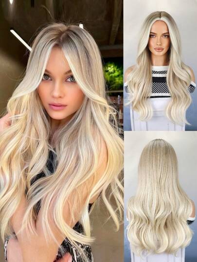 Light Golden Synthetic Wigs For Women Long Wavy Brown Blonde Ombre Women Wigs Middle Parted Wig Daily Cosplay Natural Wigs