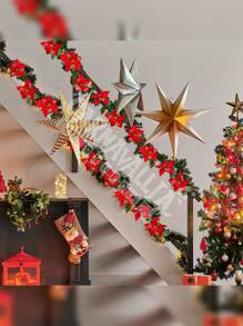 Guide To 2.7m Red Artificial Poinsettias With Glitter Gold Diamond Garland Of 13 Plastic Flowers Ornament Decoration For Christmas And Home - Red - View 3