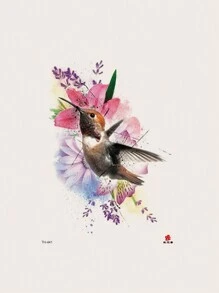 Calcomanía De Tatuaje, 1 Hoja Con Diseño Acuarela De Colibrí Y Flor, Ideal Para Uso Diario O De Vacaciones De Las Mujeres - Negro - Ver 2