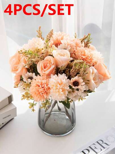 4pcs/set Artificial Flower Bouquet, Suitable For Autumn, Wedding Decoration, Bridal Bouquet, Wrist Flowers, Corsage Material, Home Living Room Bedroom Vase Decoration, Diy Birthday Party Cake Material, New Year Decoration Material, Photoshoot Props