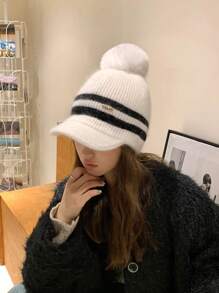 1 Miếng Của phụ nữ Sang trọng Mũ len Với Lông thỏ Pom Pom , Ấm áp Đen Sọc Mũ Brim Mũ Beanies Đối với Mặc hàng ngày In Mùa Thu /đông Retro - màu đen - Xem 4
