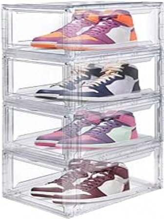  MARVAL TECH - Zapateras Caja Para Zapatos Apilables Transparentes Premium Acrilico, Set De 4 Cajas Para Zapatos Sneakers, Cajas De Almacenamiento De Zapatos, Organizador De Zapatos Apilable De Plástico Transparente Para Armario