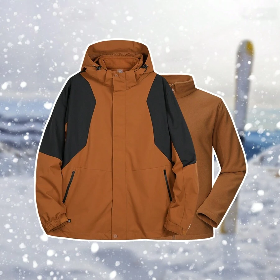 TECTOP 男士防水滑雪外套3合1保暖冬季雪衣山地防風夾克可拆卸帽雨衣 - 棕色 - 查看 1