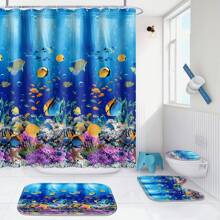Poedist 4 Pcs Bathroom Shower Curtain Set,Kid's Bathroom Set,Shower Curtain Sets With Rugs(Bath Mat,U Shape And Toilet Lid Cover Mat) And 12 Hooks,Blue Underwater World - Multicolor - View 5
