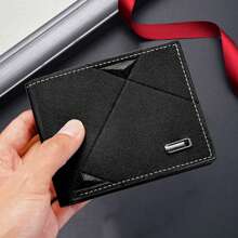 1pc Black Men's Simple Casual Soft Pu Leather Card Holder Short Wallet, Fashionable Metallic Decorated Purse - Black - View 1