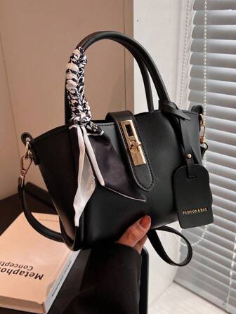1pc Fashionable Simple Lock Buckle PU Shoulder Crossbody Handbag, Suitable For Daily Use, Comes With A Scarf