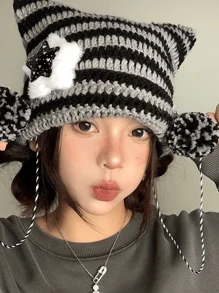 1頂Y2K可愛星星魔鬼編織針織無邊帽，條紋編織帽子，秋冬季貓耳朵尖頭套頭衫女性帽子 - 黑灰色 - 查看 4