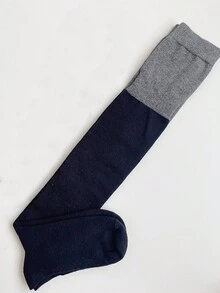 1雙女士春秋中筒襪,黑色和灰色拼接設計,過膝長度,半腿尺寸jk,黑色 - 彩色 - 查看 5