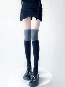1雙女士春秋中筒襪,黑色和灰色拼接設計,過膝長度,半腿尺寸jk,黑色 - 彩色 - 查看 4