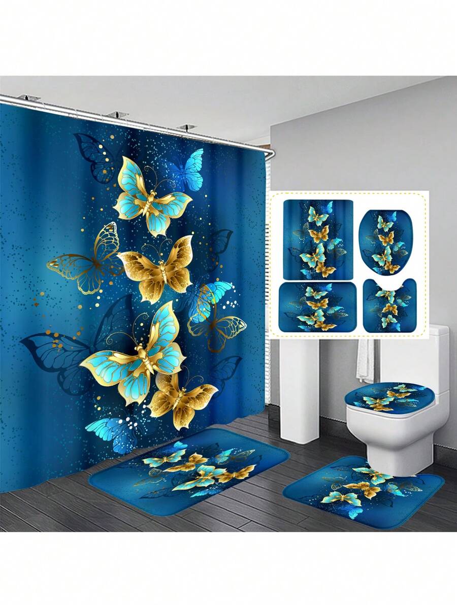 1 tấm rèm tắm cách nhiệt chống thấm nước bằng polyester hình bướm phong cách Bohemian, trang trí nhà cửa, có 12 móc; hoặc 4 tấm thảm phòng tắm bằng mút hoạt tính chống trượt dày 1,3cm, dùng để trang trí phòng tắm, sử dụng cho mọi tình huống, trang trí phòng tắm mùa thu, trở lại trường học - Nhiều màu - Xem 1