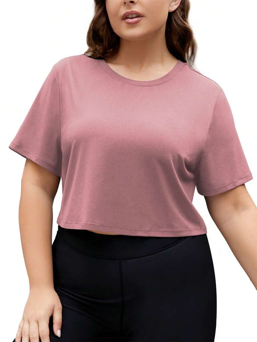Hơn Chất rắn Áo Crop thể thao - Hồng - Xem 1