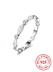1pc Exquisite Luxury Silver Horse Eye Shape White Australian Opal & Small White Diamond Ring For Women's Engagement, Wedding Gift