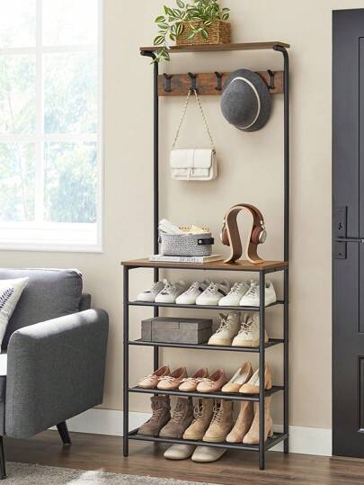 VASAGLE Garderobenständer, Garderobe mit Schuhbank, Kleiderständer, Kleiderstange, 9 abnehmbare Haken, 32,2 x 84 x 180 cm, Industrie-Stil, für Flur Schlafzimmer, vintagebraun-schwarz HSRDE421B01