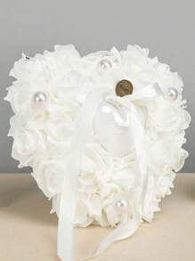 1pc White Heart Shape Wedding Ring Pillow Elegant Decoration Ring Cushion Bearer Box With Ribbon Bowknot - White - View 2