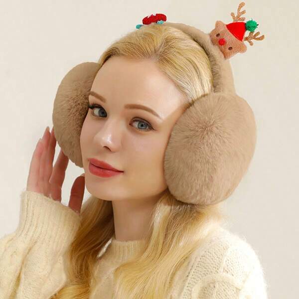1pc Christmas Theme Plush Foldable Ear Muffs For Women, Warm And Windproof, Cute Cartoon Elk Design, Suitable For Winter