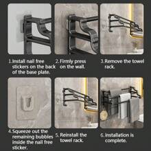 1入組時尚耐用的三桿掛鉤式固定浴室毛巾架,免釘裝置,易於安裝和維護,適用於浴室配件收納 - 黑色 - 查看 8